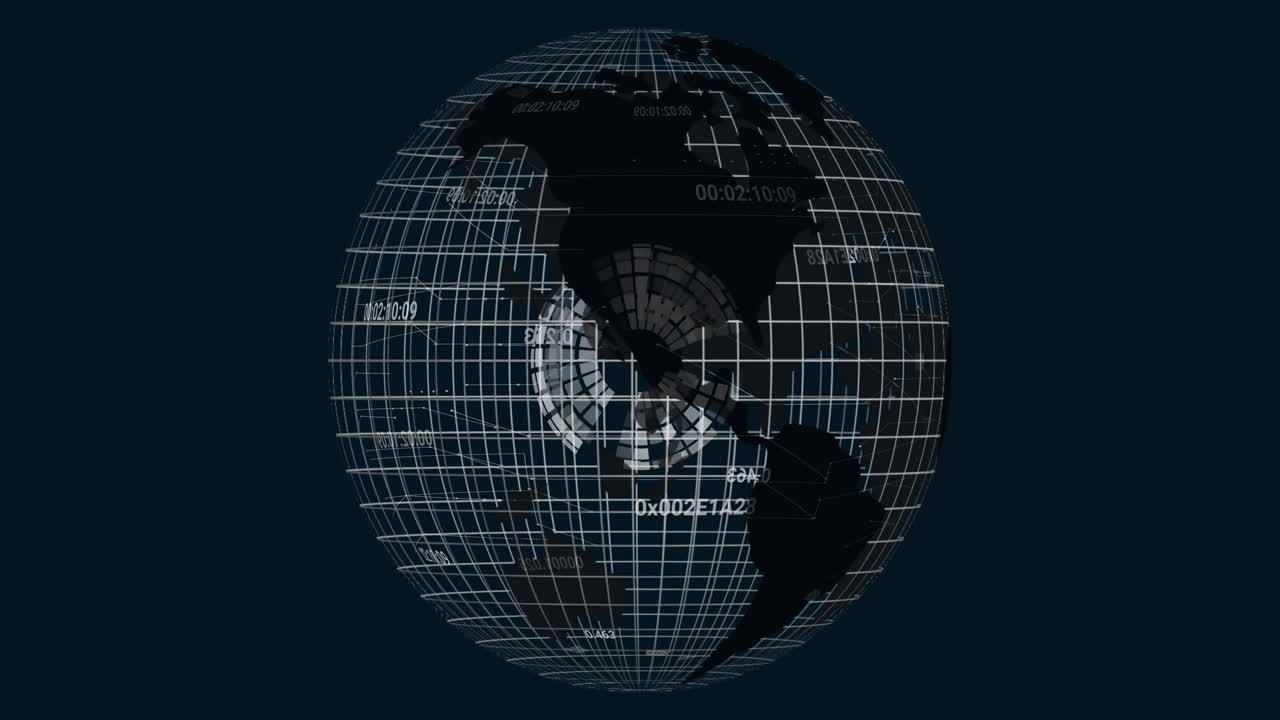 Starting with 3D globe Earth rotating as pulsing grid codes and spinning mesh sphere showing data