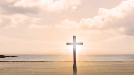 Animación-De-Cruz-Cristiana,-Sol-Brillando-Sobre-La-Playa-En-Un-Cielo-Rosa-Con-Nubes