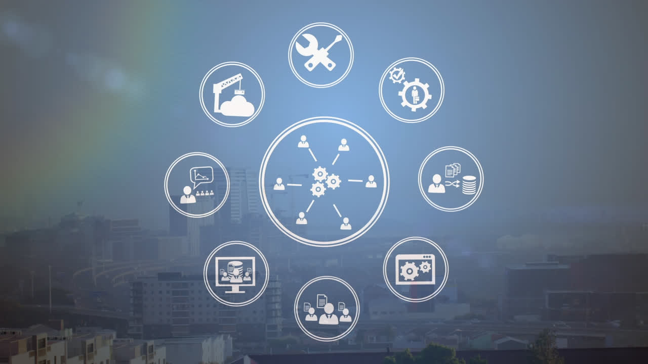 animación de múltiples iconos digitales que giran contra la vista aérea del paisaje urbano