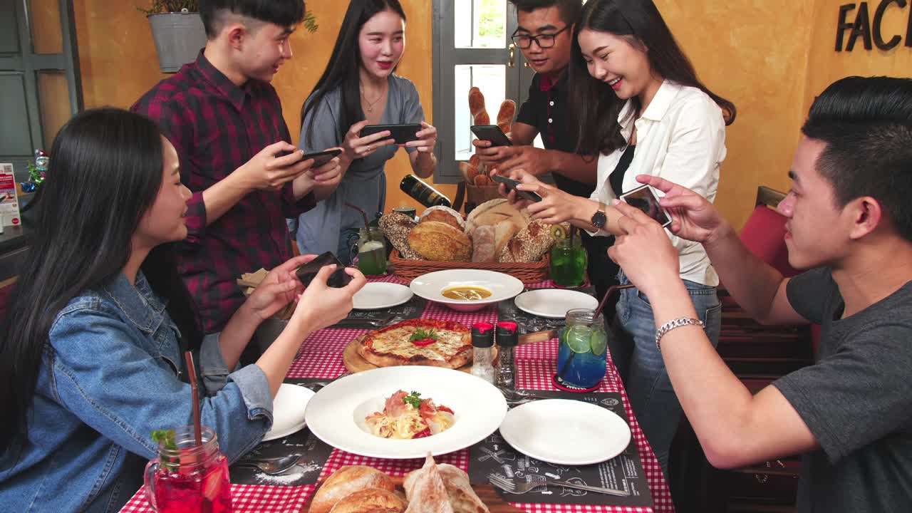 Group Of Friend Take A Picture With Mobile Phone Before Have Lunch In Restaurant , Full Hd