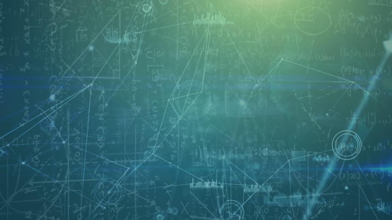 animación de puntos conectados, iconos de gráficos, círculos de carga sobre ecuaciones matemáticas y diagramas