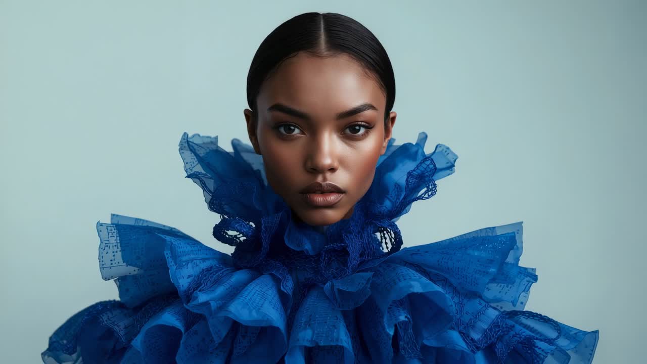 Starting close-up shot, camera zooming out on female model in studio, revealing blue ruffled gown