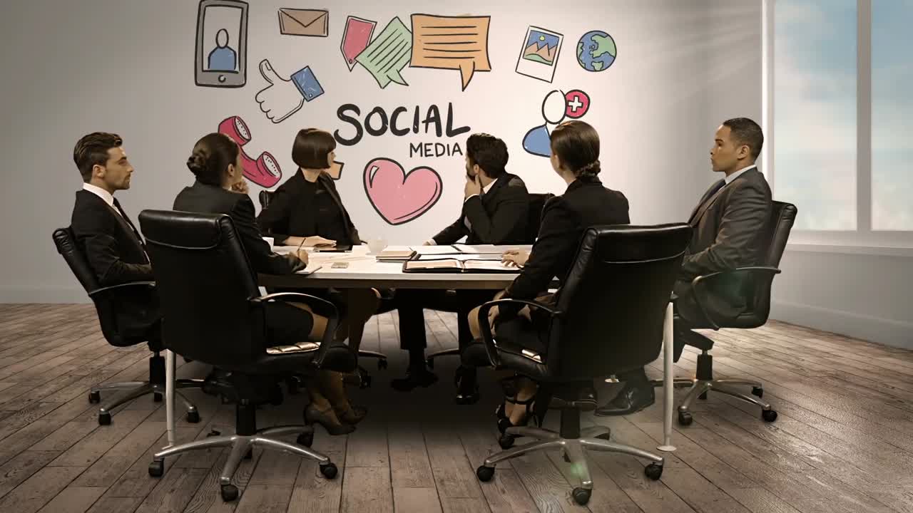 소셜 미디어를 보여주는 디지털 화면을 보는 사업가들