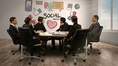 Business-people-looking-at-digital-screen-showing-social-media