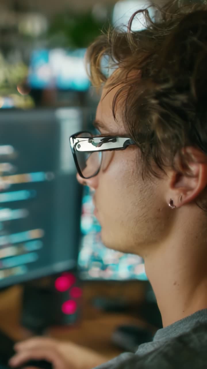 Focused Programmer Engrossed in Coding Tasks with Vibrant Monitors in the Background, Highlighting the Intense Work Environment of Modern Software Development