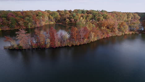 Vista-Aérea-Panorámica-De-Los-Bosques-De-Colores-Otoñales-Del-Parque-Roger-Williams.