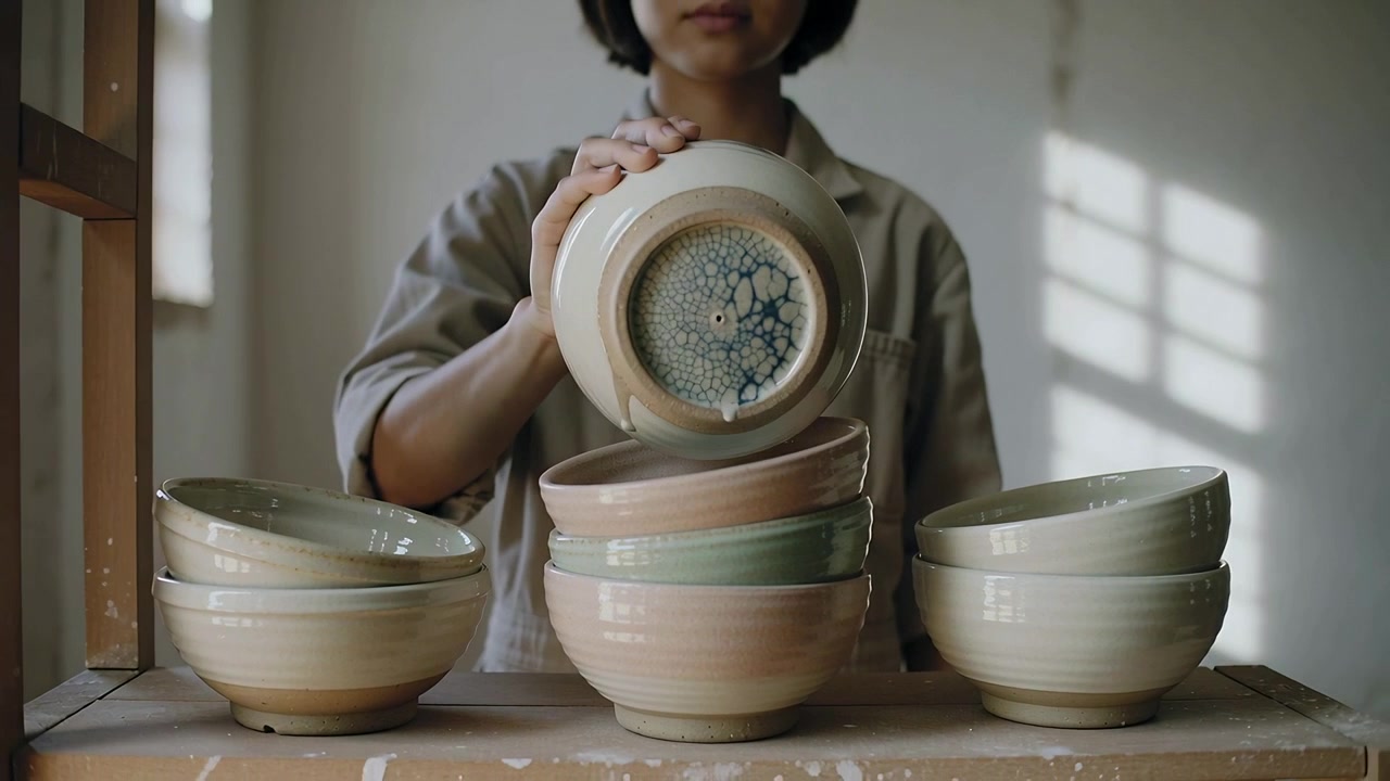 Reaching potter in work shirt lifting bowl from stacks at workbench checking blue crackle glaze