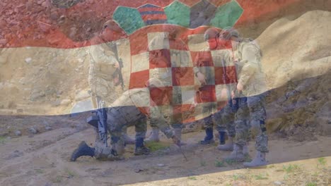 animation of flag of croatia over diverse soldiers