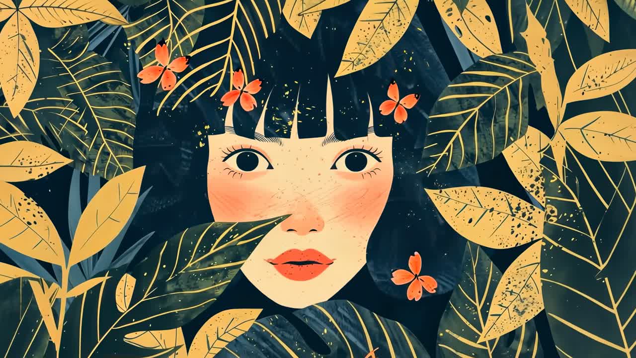 Illustration of a woman's face surrounded by leaves and butterflies, viewed from a frontal angle
