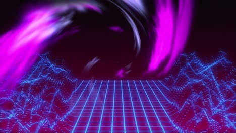 Animation-of-glowing-blue-and-pink-cloud-with-neon-pattern-and-metaverse-on-seamless-loop