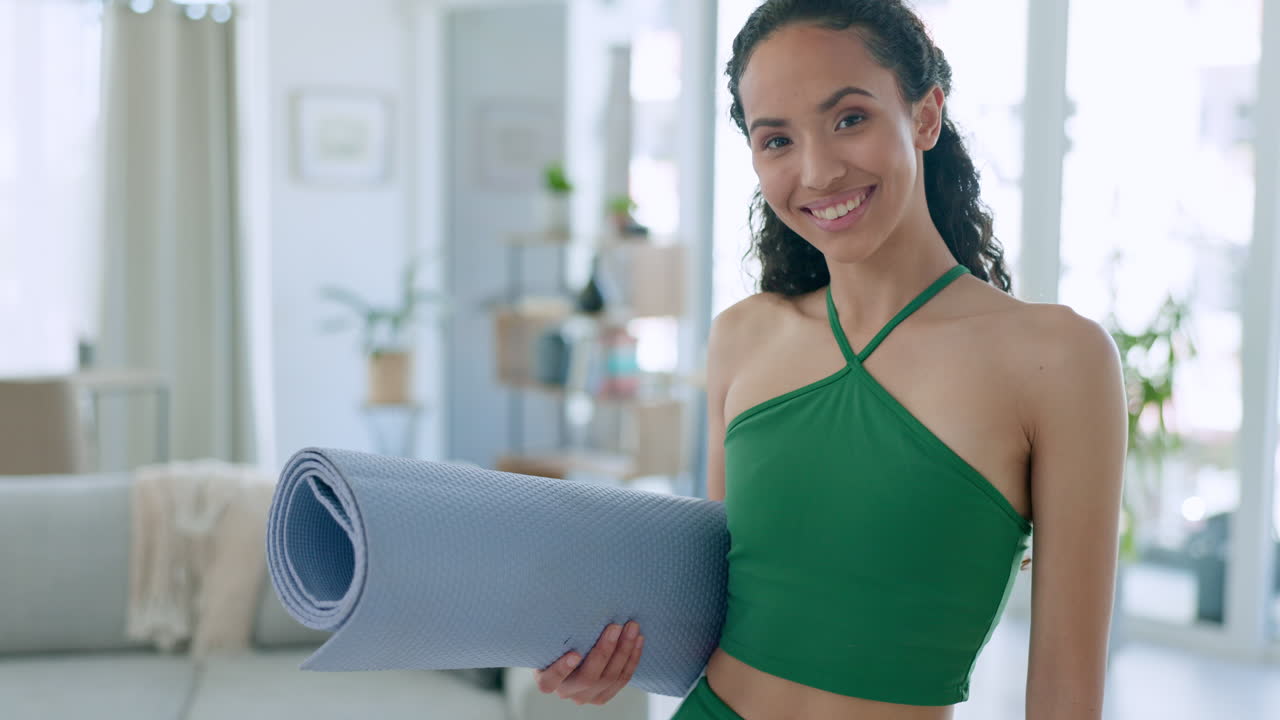Woman, face and smile for yoga