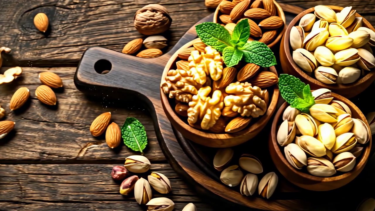 Scattered assorted nuts on a rustic dark wooden background. Top view of walnuts, almonds, pistachios, and pecans scattered on a textured dark wood surface with copy space.