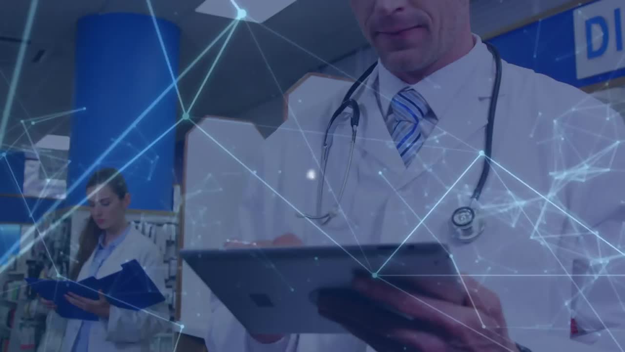 animación de la red de conexiones con iconos sobre diversos científicos en el laboratorio