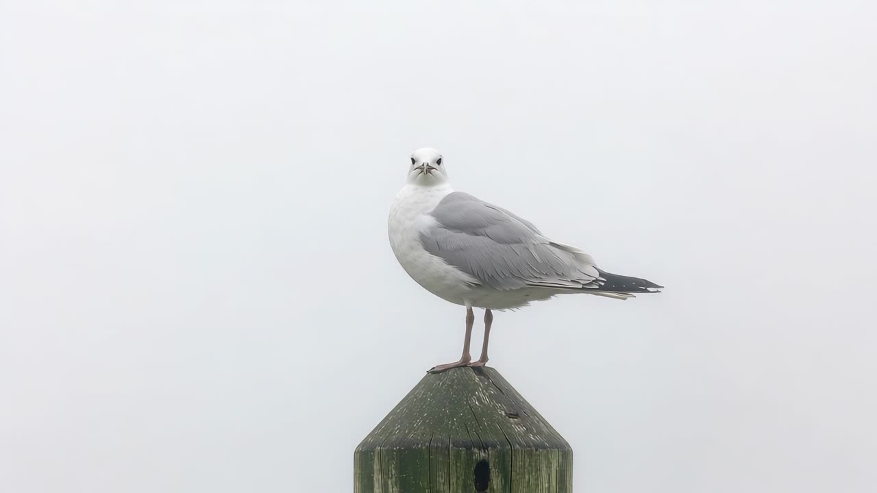Einzelne Möwe sitzt, richtet sich auf und dreht den Kopf zur Kamera auf einem verwitterten Pfahl, im leichten Nebel.