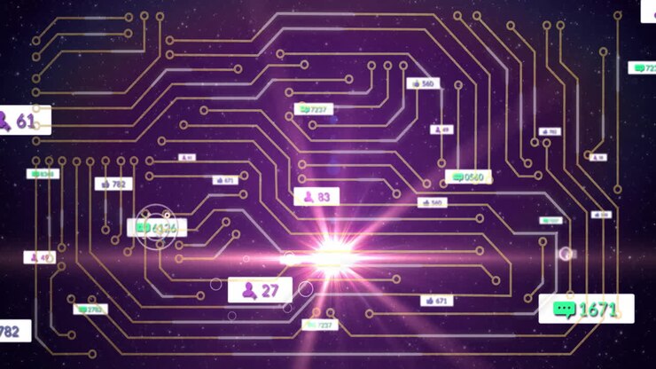 Animation of digital data and user icons on circuit board pattern in cosmic background