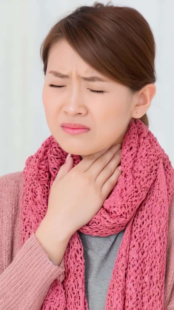 Una mujer joven experimentando malestar, frotándose el cuello y mostrando signos de dolor o incomodidad, vestida con un suéter acogedor y una bufanda, expresando preocupación por su bienestar.