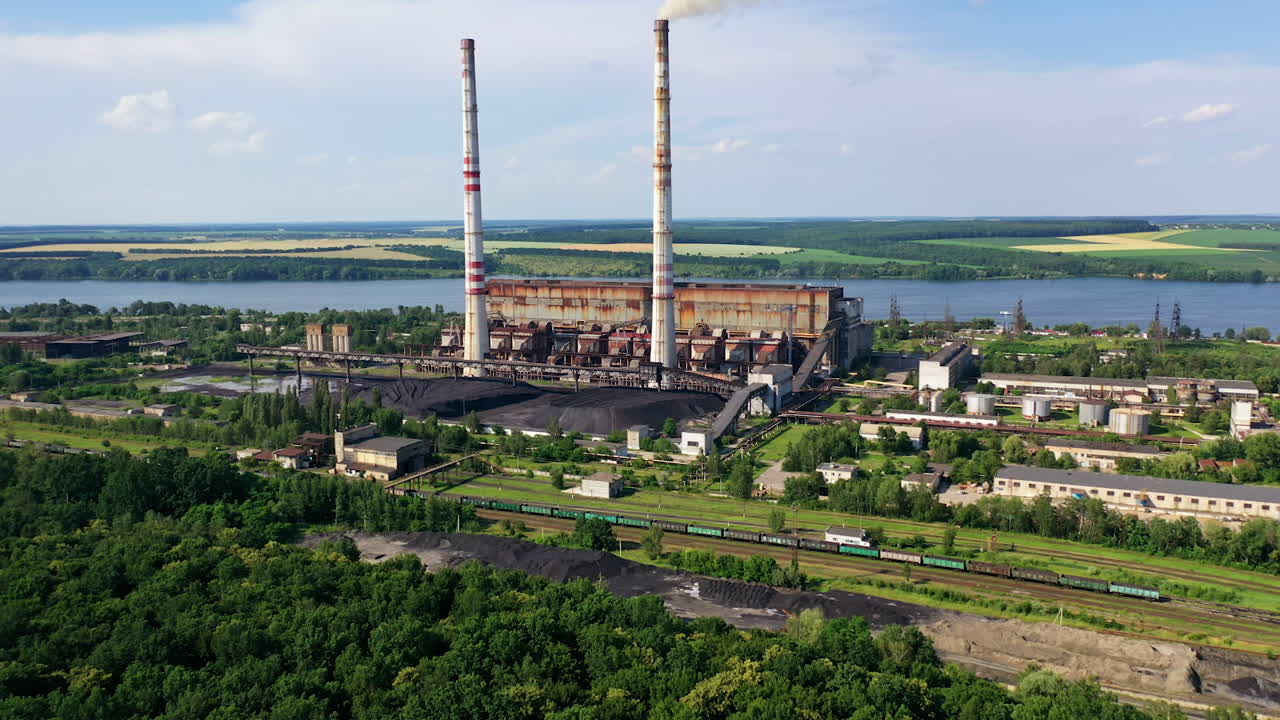 Aerial view of factory. Aerial view of factory with chimneys