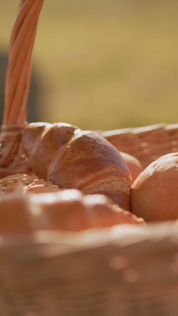 крупный план свежих золотых круассантов и хлебных булочек в тканой корзине для пикника с салфеткой, на фоне размытого открытого поля под теплым солнечным светом