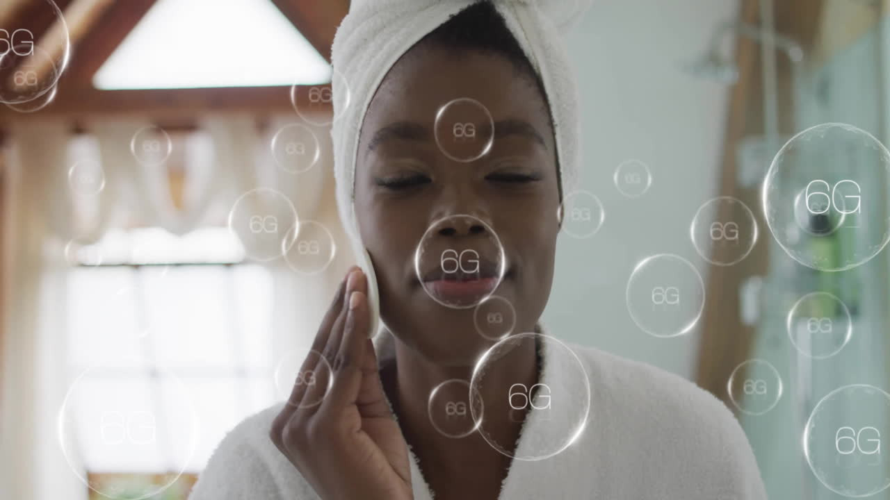 Applying skincare product, woman with 6G technology animation overlay in background