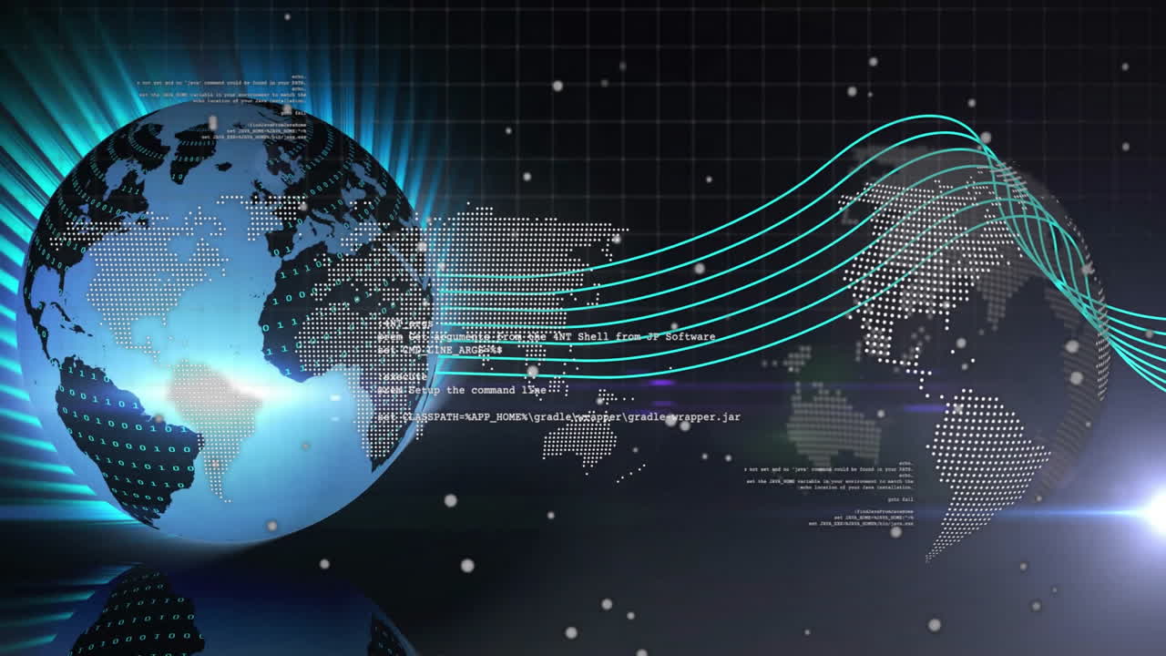 Animation of digital world map with glowing lines connecting continents