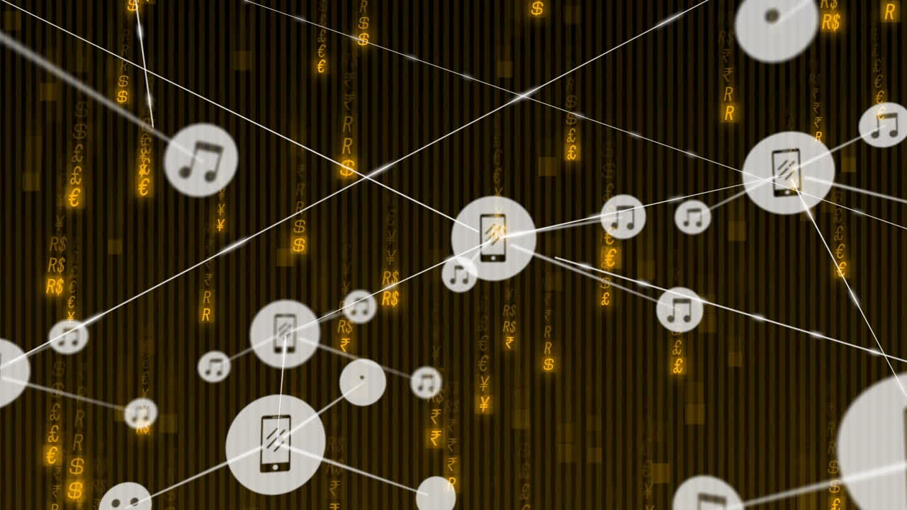 Animation of musical notes and smartphone icons over digital currency symbols