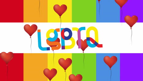 animación de globos de corazón rojo y texto lgbtq sobre rayas de arco iris