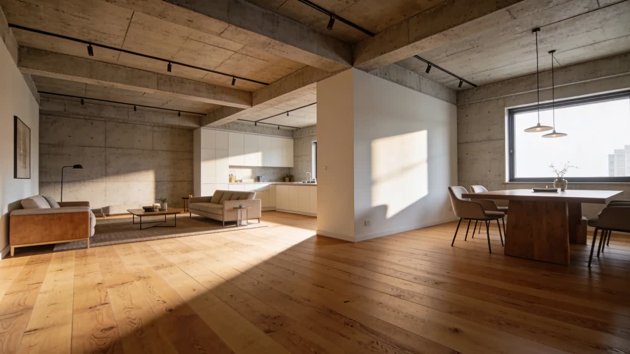 Casting sunlight across hardwood floor, white column in loft, camera moving forward showing time