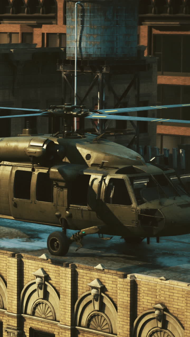 Military helicopter lands on rooftop in the heart of a bustling cityscape