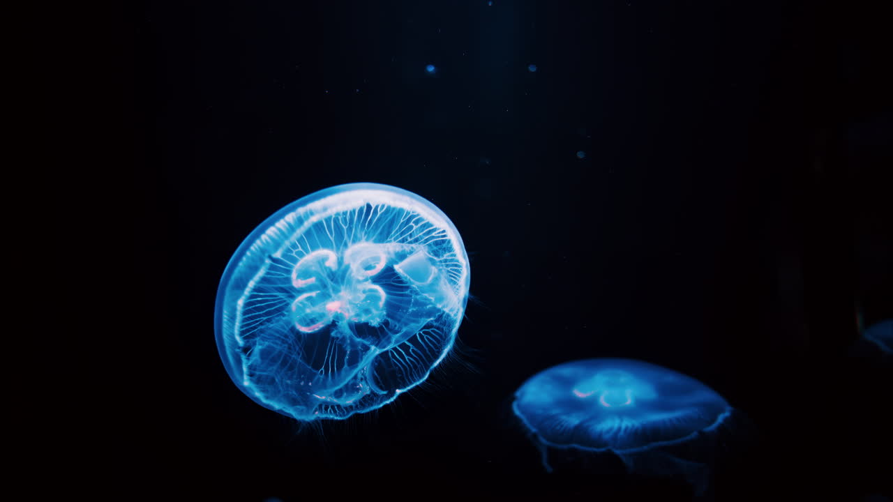 Close up of Moon jelly swimming in the pitch black water