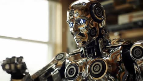intriguing close-up of a highly detailed chrome robot with illuminated features, portraying advanced technology and futuristic design in a workshop setting