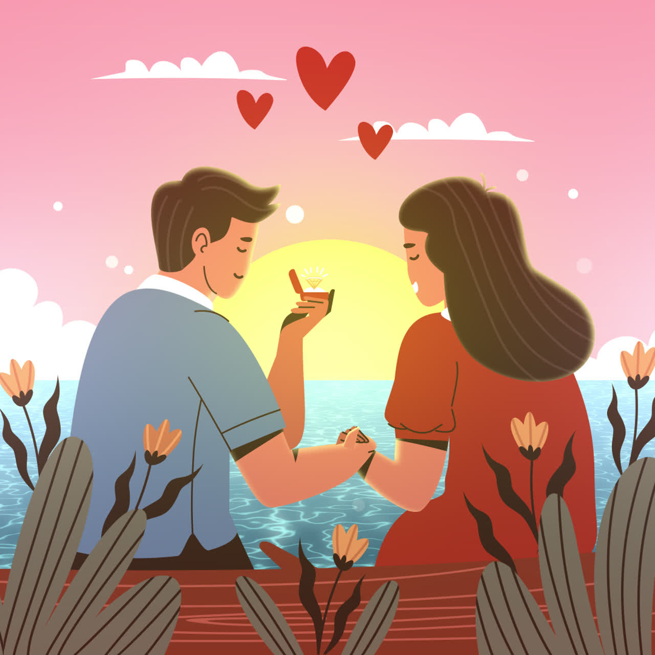 해가 지는 동안 해변 에 있는 부부