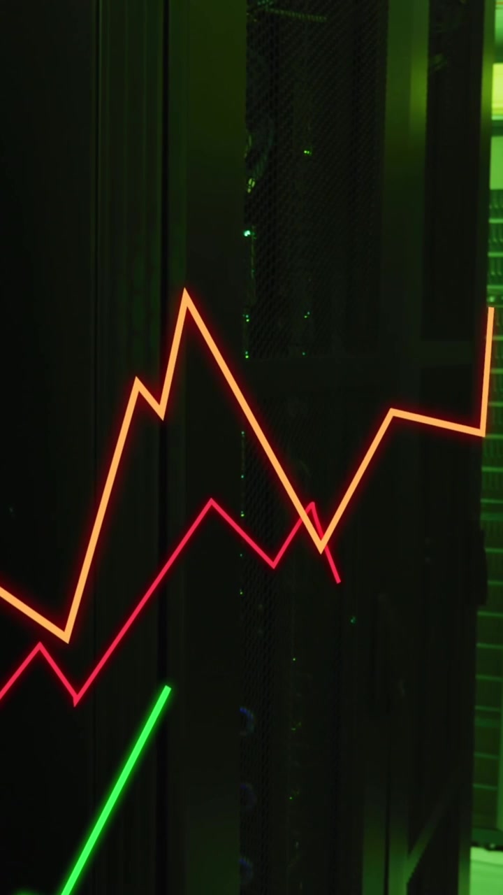 Animation of growing graphs over illuminated data server systems in server room