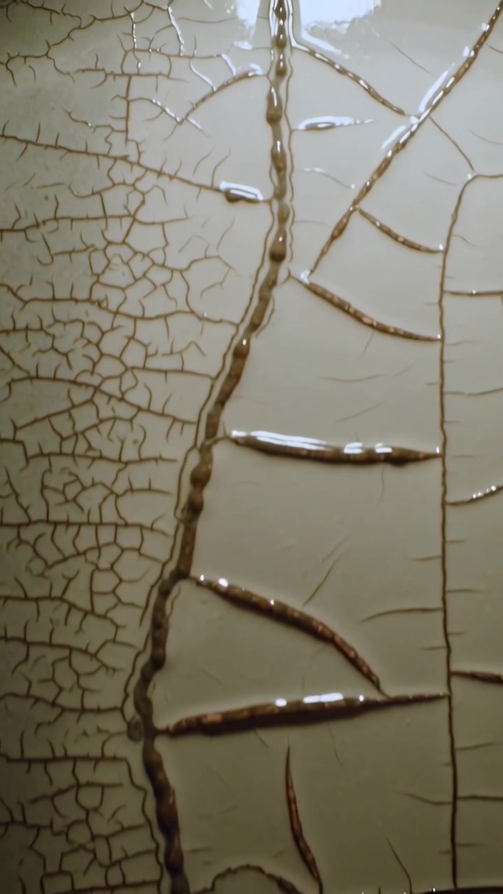 Video verticale: Telecamera panoramica che rivela un pannello screpolato sul muro, con cucitura e perline che riflettono la luce.
