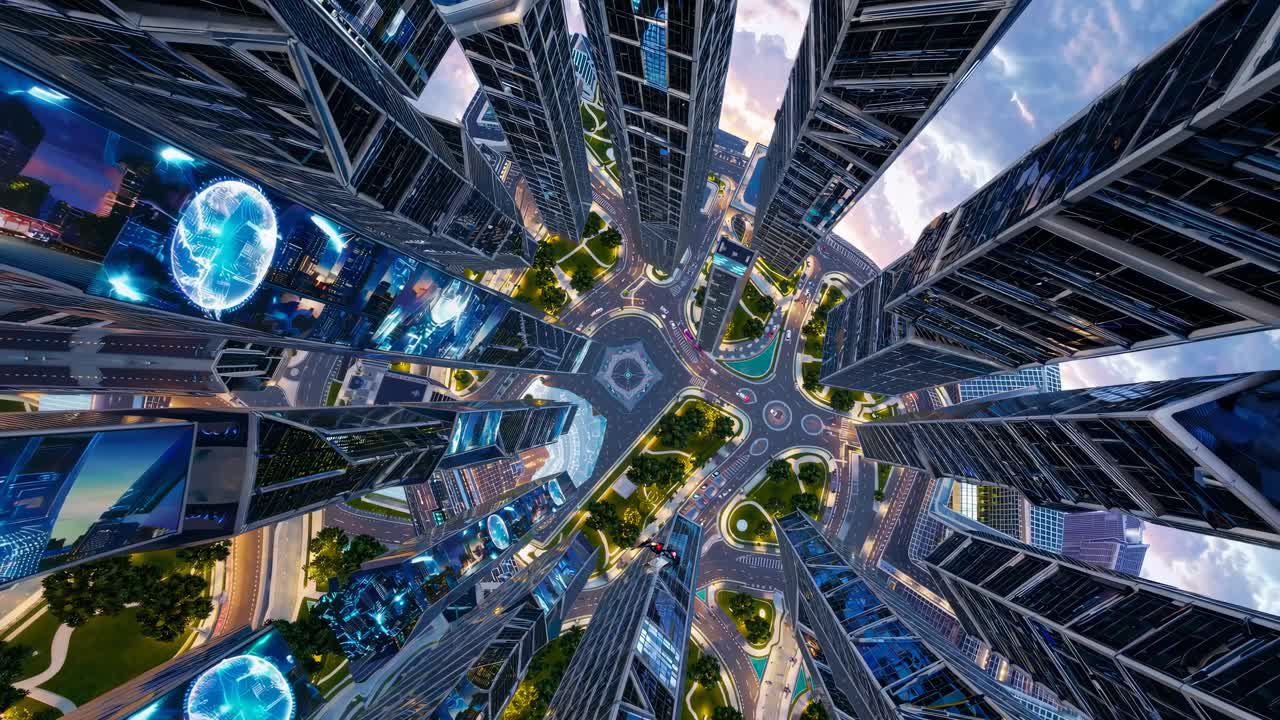 Futuristic cityscape with towering skyscrapers viewed from a bird's-eye angle, resembling a sci-fi