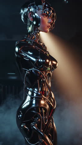 sleek female cyborg in a dark, spotlighted setting