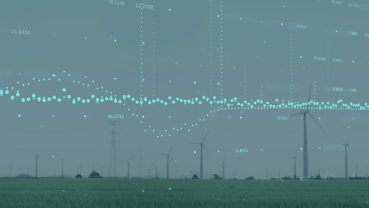 여러 그래프의 애니메이션과 하늘에 대항하는 녹색 필드에서 풍차를 통해 변하는 숫자