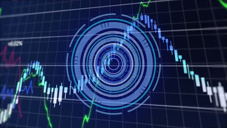 Animation-of-neon-round-scanner-spinning-over-financial-data-processing-against-blue-background