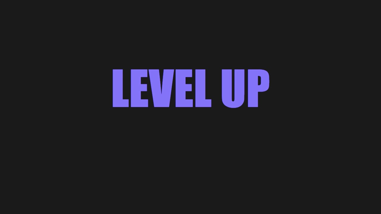 Bold Level Up neon typography shifts from magenta to turquoise over dark background