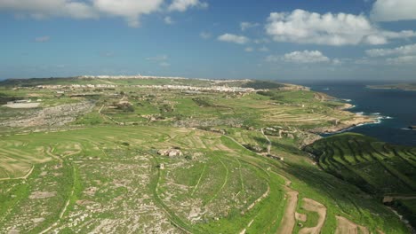 aerial: greenery plains of gozo island near ta cenc cliffs on sunny winter day