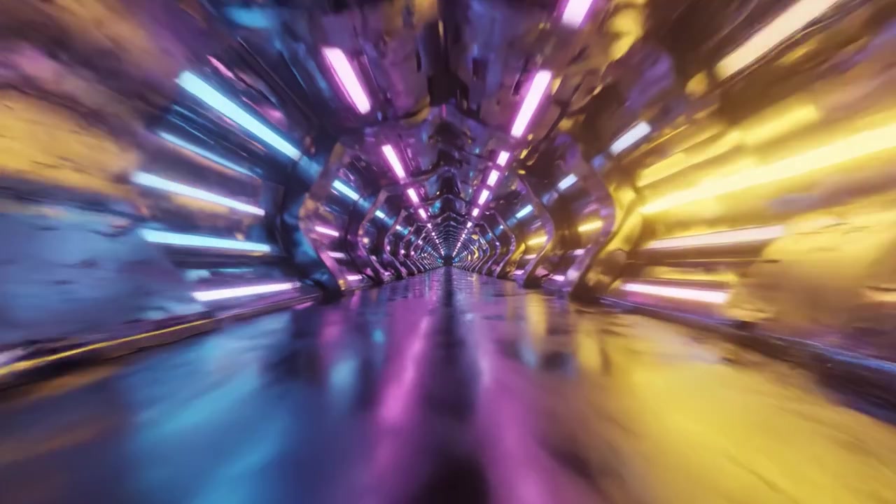 Un vibrante e futuristico tunnel di luci: un viaggio incantevole attraverso un passaggio ricoperto di neon illuminato con tonalità viola e blu