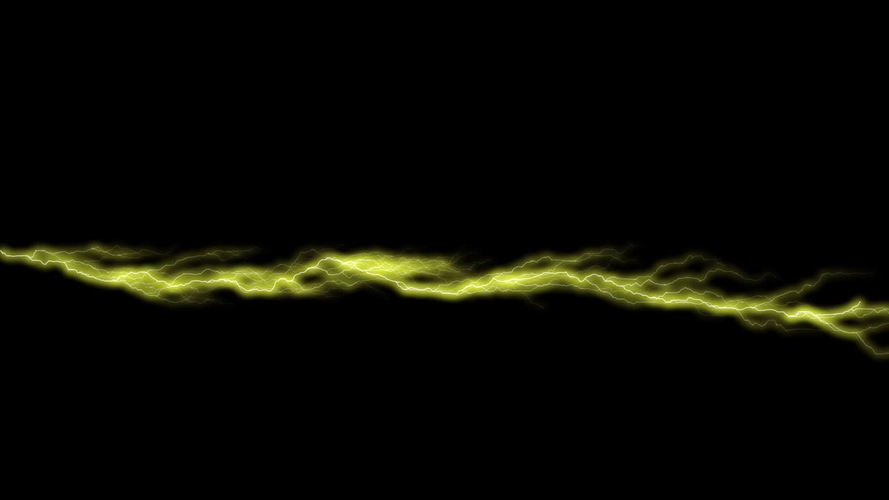 Lightning bolt / lightning strike, horizontal yellow lightning forking and sparkling, video overlay, anime/ animated, black background
