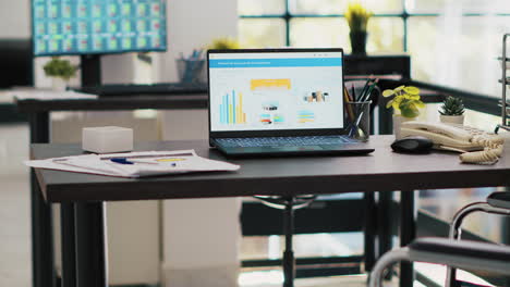 wheelchair in office with laptop on desk showing business analytics