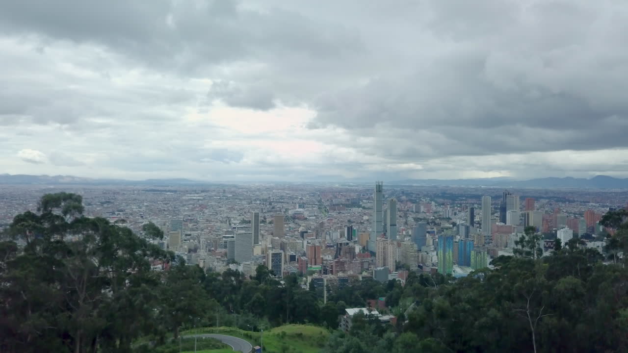Aerial push up shot discovering the center of Bogota on a grey day in pandemic
