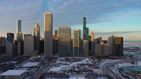 urban skyline of chicago at sunset in winter. aerial view. usa