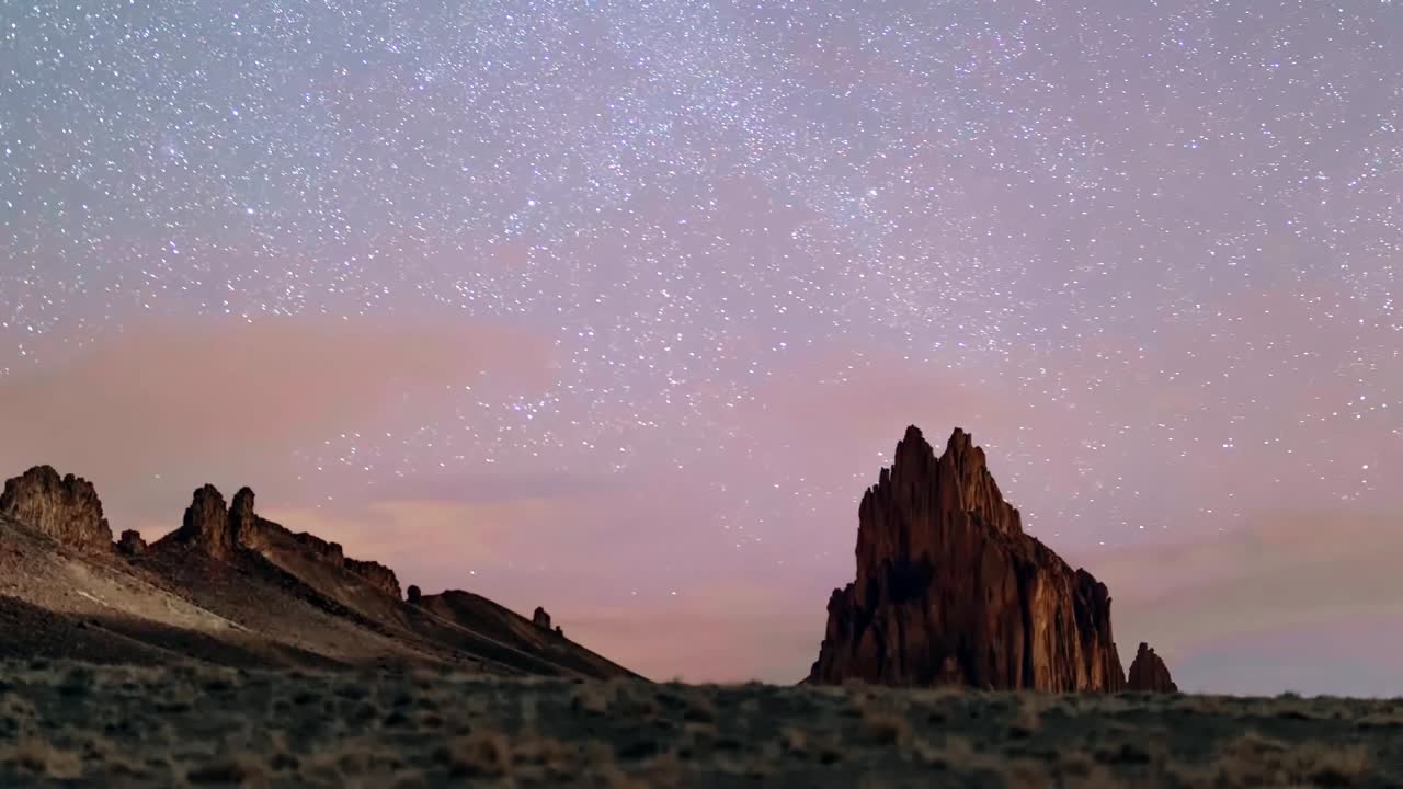 Milky way timelapse in Shiprock New Mexico, scenic famous mountain landscape