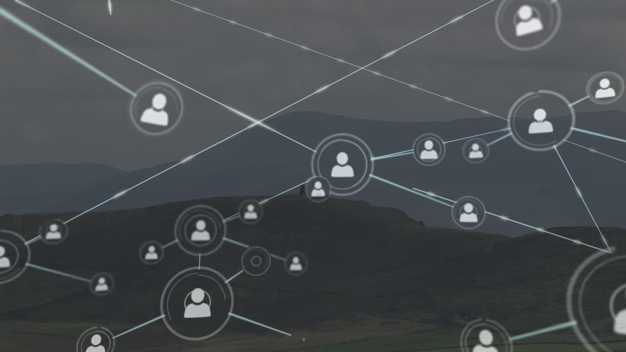 animación de la red de conexiones con iconos sobre el paisaje