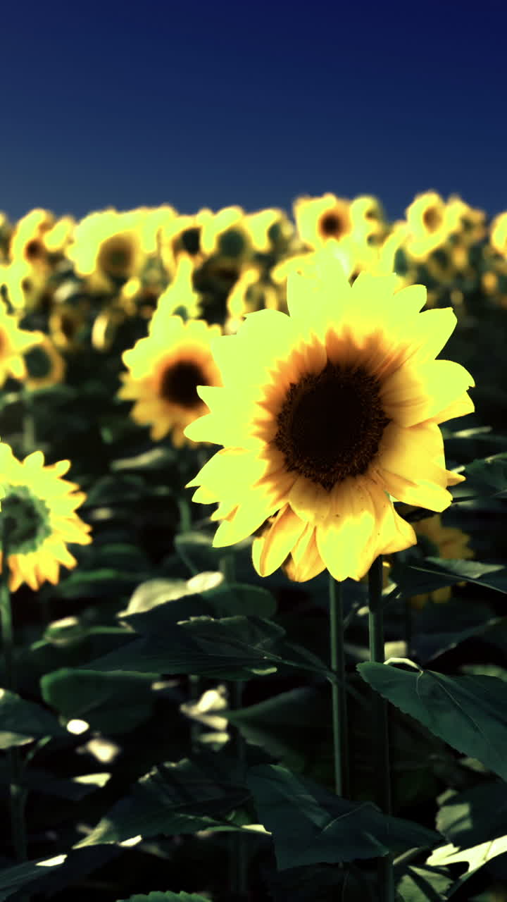 Sunflowers blooming in a vibrant field during golden hour light