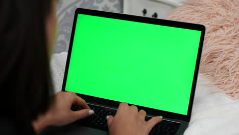 hembra escribiendo en el teclado de un portátil con pantalla verde, blogueando o concepto periodístico, cerrar