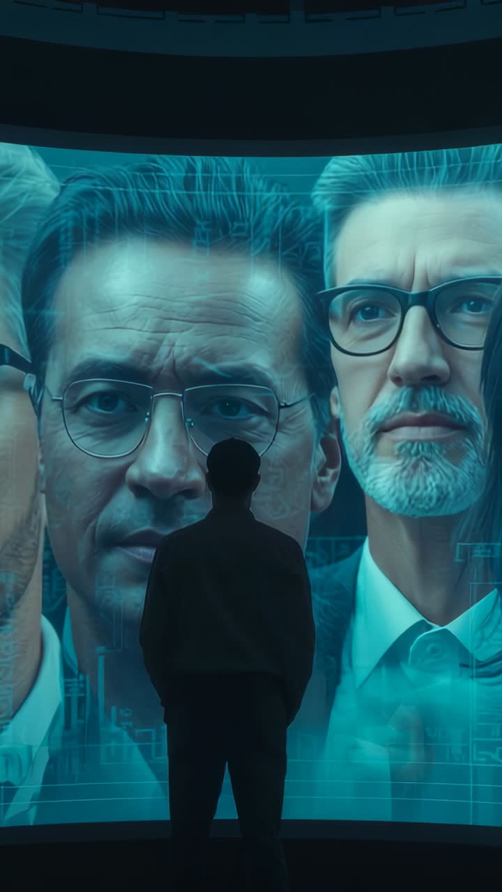 Vertical video: Entering command chamber, man pausing at display, with hologram analyzing portraits