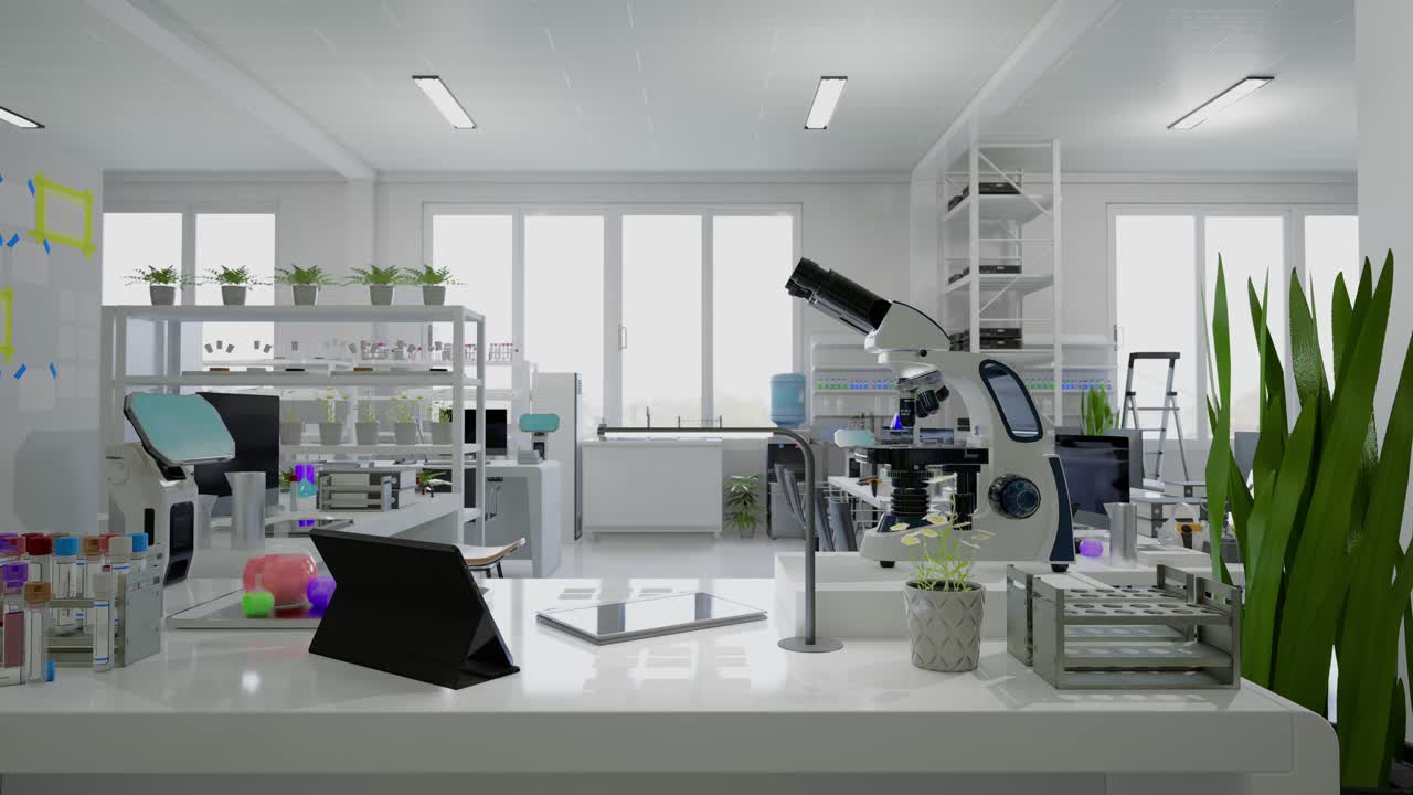 Modern Empty Biological Applied Science Laboratory With Technological Microscopes, Glass Test Tubes, Micropipettes